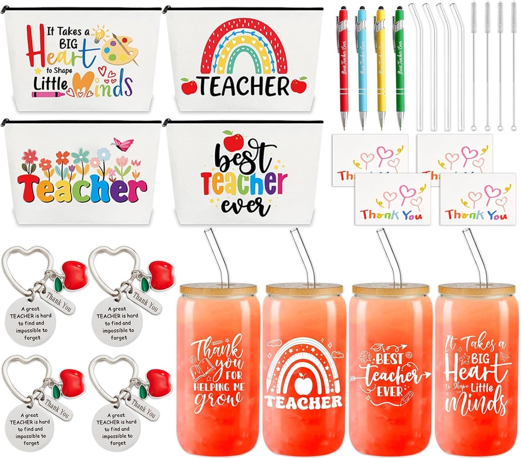 28Pcs Christmas Teacher Appreciation Gifts Set with Glass Cup Keychains Zipper Bag Pen Greeting Card for Men Women Birthday Thank You Graduation Retirement Gifts Bulk from Students