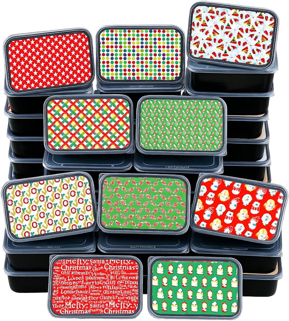 50 Pack Christmas Food Prep Containers with Lids 25 oz Meal Packaging Containers Plastic Christmas Cookie Boxes Reusable for Holiday Goodie Container or Exchange Gift Giving 10 Designs