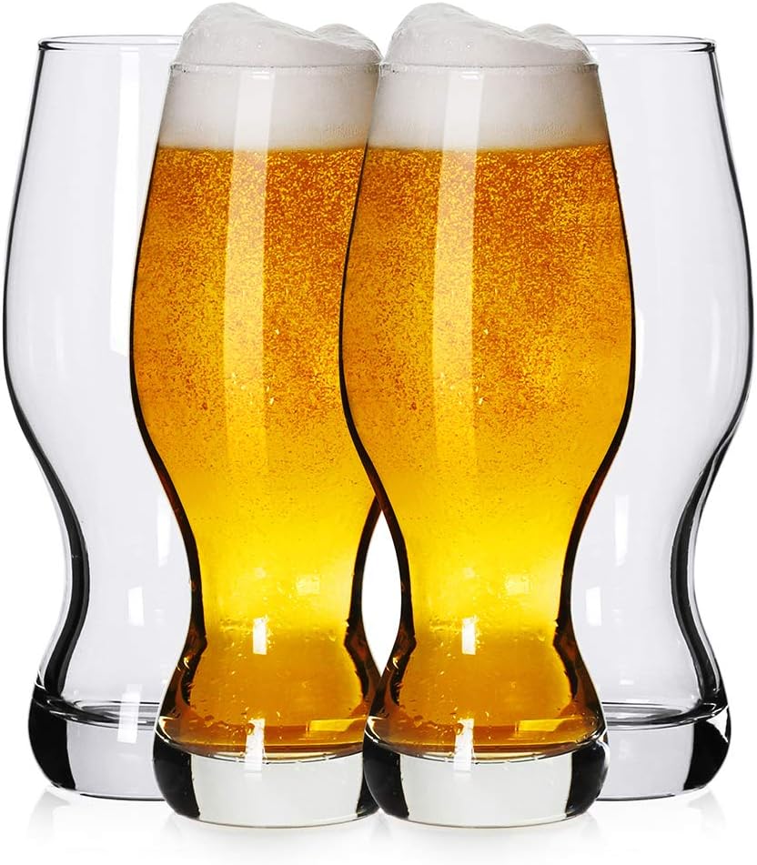 LUXU IPA Beer Glasses(Set of 4),16 oz Pilsner Beer Glasses,Craft Beer Bar Glasses,Lead-free Drinking Glasses,Ideal Gifts for Lager,Ale or Craft Beer Lovers-Crystal Clear
