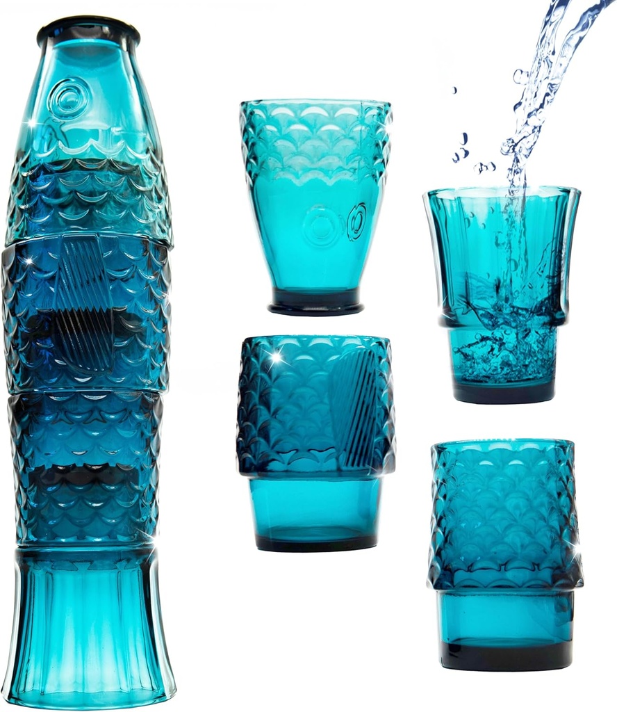 Gökotta Set of 4 | Handmade Stacking Koi Carp Fish Drinking Glasses | Natural Blue Glass Tumblers | Retro Fun Quirky Gift Present | Dinner Party Cocktail Water Juice Coffee Mugs Cups | 4PCS 250ml