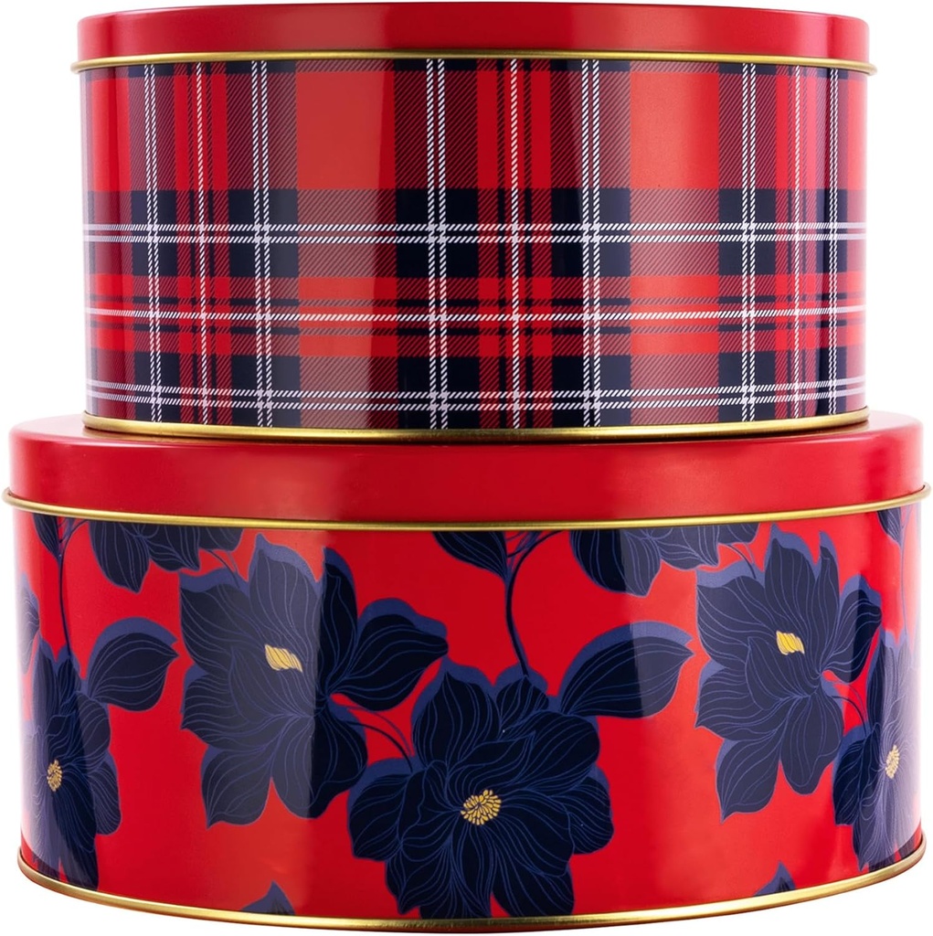 Draper James Cookie Tin Set for Treat Exchange and Gifting, Set of 2 Nesting Metal Boxes, Angie Plaid