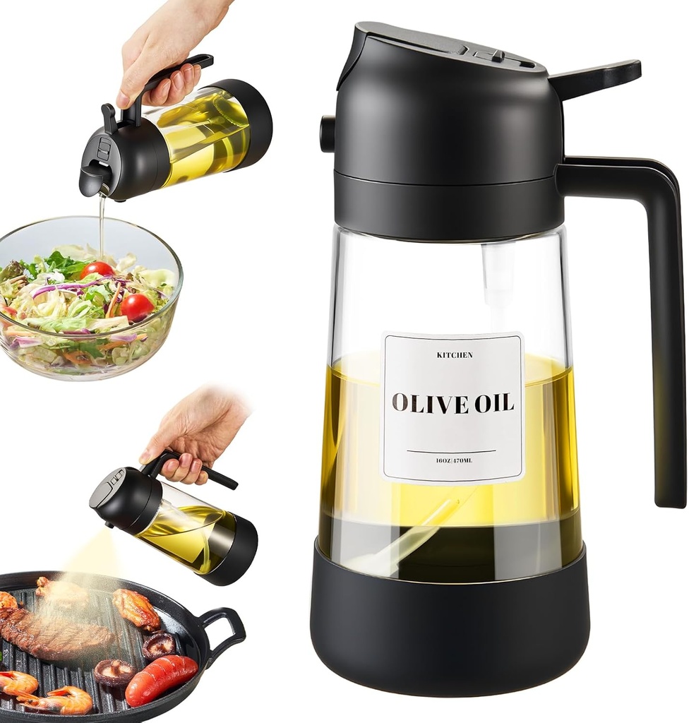 PARACITY Oil Dipenser Bottle with Silicone Bottom, 2 in 1 Olive Oil Sprayer and Dispenser, Oil Spray Bottle 500ML/ 17OZ for Cooking, Kitchen, BBQ, Air Fryer, Salad, Baking(1PC Black)