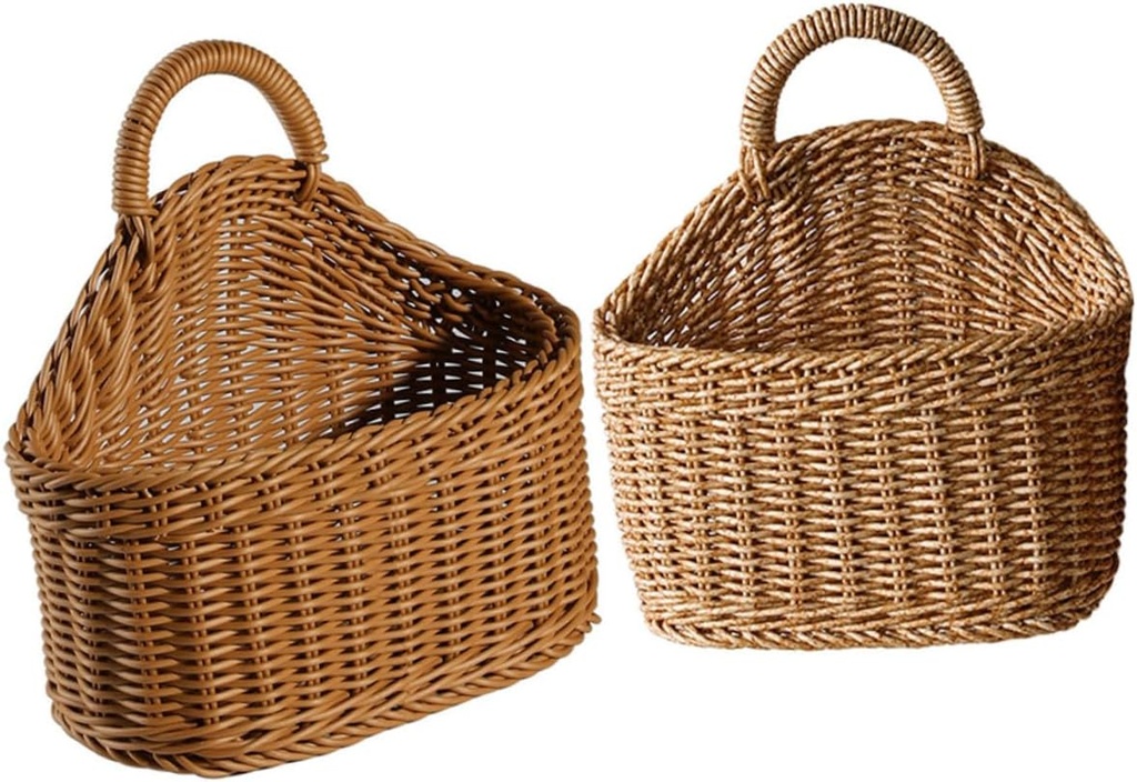 2Pcs Woven Wall Storage Basket Hanging Kitchen Baskets for Fruits Veggies and Cutlery Space Saving Design with Air Circulation Rustic Colors