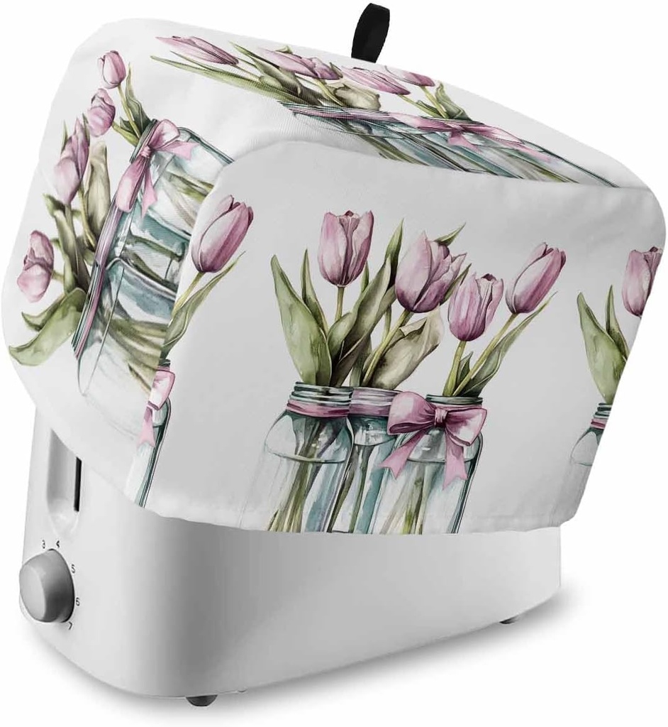 Purple Floral Toaster Cover 2 Slice, Kitchen Appliance Covers with Pocket & Loop, Spring Watercolor Bow Leaf in Vase Polyester Bread Machine Covers Dust & Fingerprint Protection