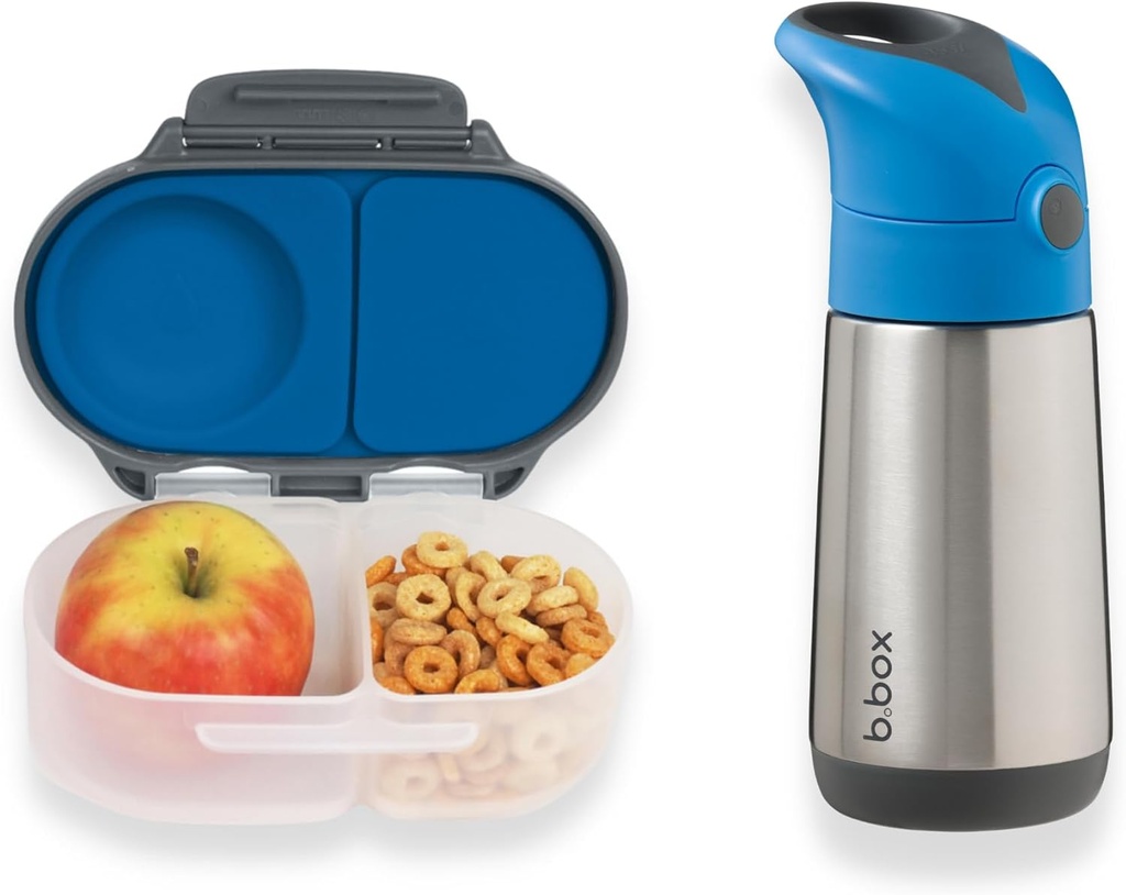 b.box Snackbox & 12oz Insulated Water Bottle | Matching Mini Bento Box + Kids Thermos | Blue Slate