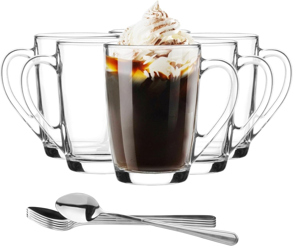 Latte Macchiato Glasses with Handle and Spoon, Pack of 6, 300 ml, Coffee Cups, Cappuccino, Iced Tea, Transparent Glass
