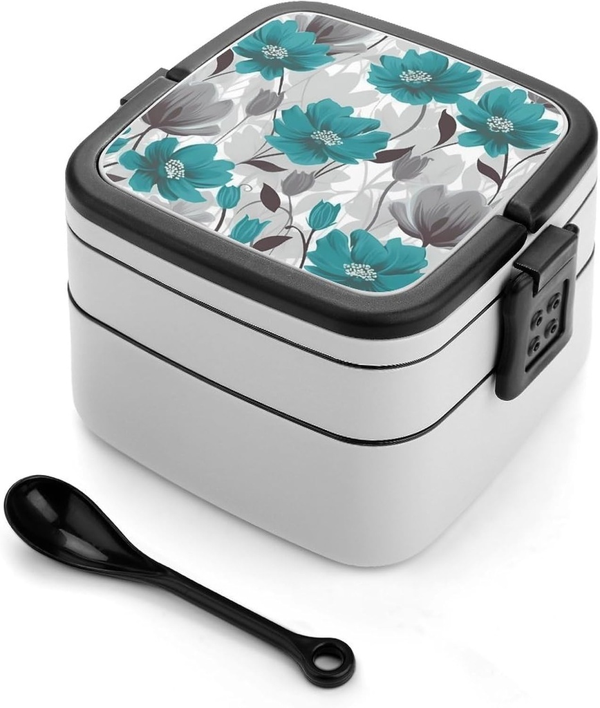 Teal Grey And White Floral Bento Box with Spoon, 2-layer Stackable Lunch Box Leak Proof with Invisible Handle, Insulated Food Storage for Office, Picnic & Travel