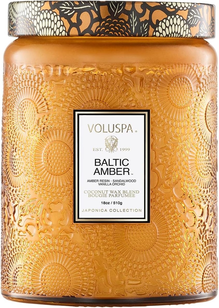 Voluspa Baltic Amber, Large Candle Jar, 18 oz, 100 Hour Burn Time, Coconut Wax for Clean Burning, Handcrafted in the USA