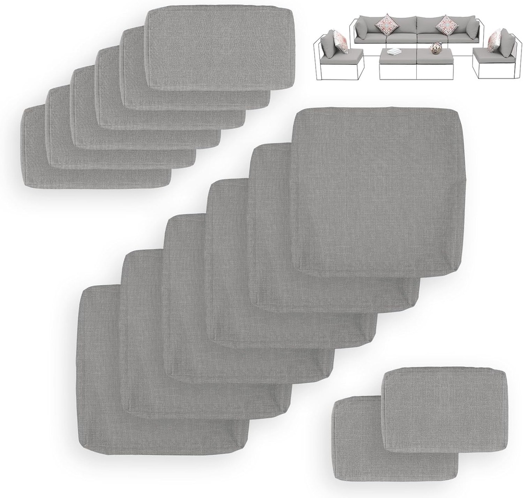 FINCATI 14-Piece Outdoor Patio Cushion Covers Replacement with Zipper, Deep Seated Outdoor Sectional Sofa Replacement Slipcovers for Backyard Furniture Sets Only Cover 27"x27", Light Gray