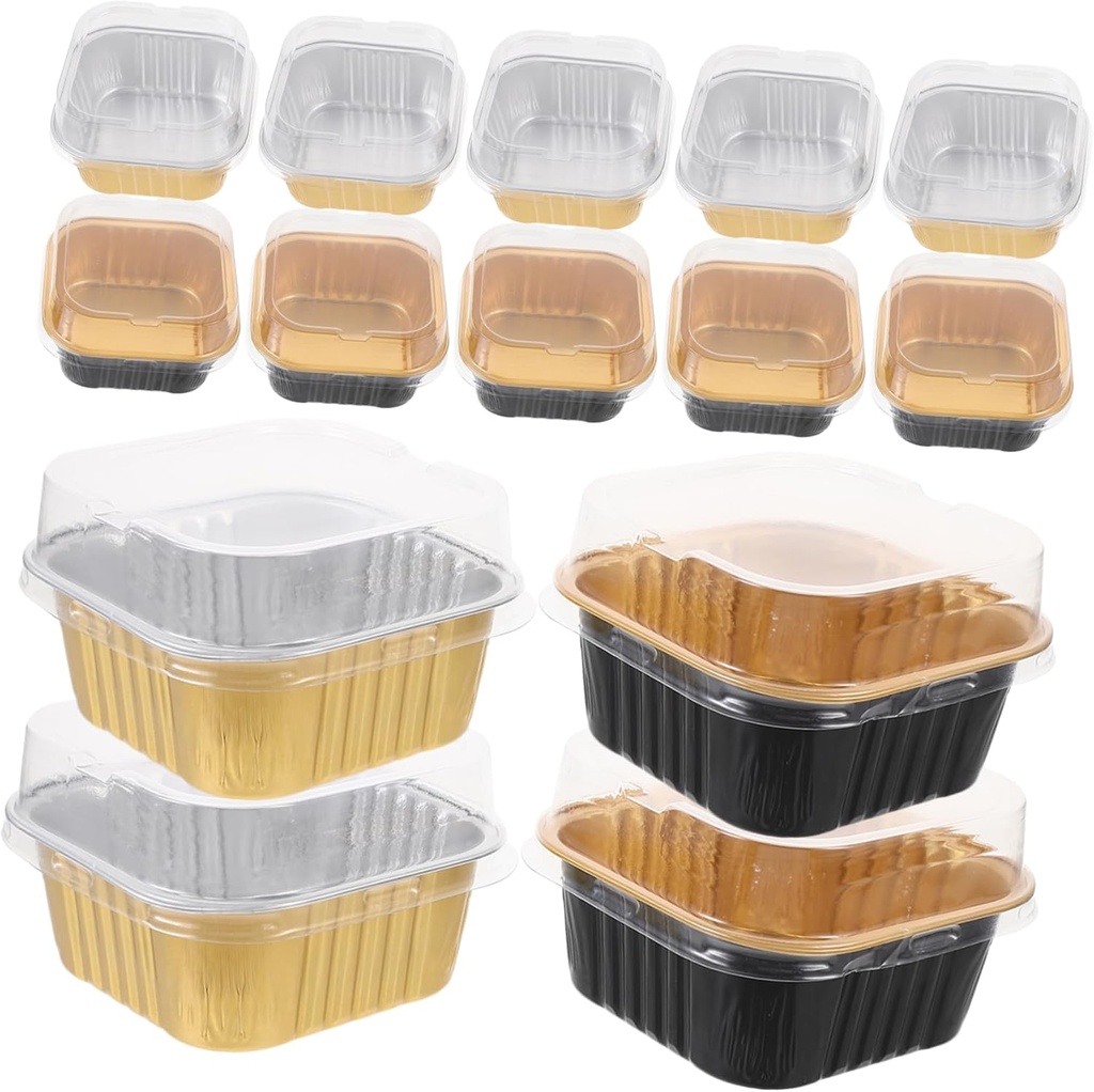 VOSAREA 20Pcs Portable Aluminum Foil Food Boxes Baking Cake Containers with Transparent Lids for Cupcakes Meat and Snacks for Home and Outdoor Use