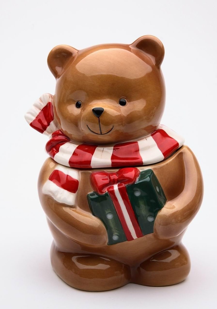 Cosmos Gifts 56544 Fine Ceramic Christmas Teddy Bear Wearing Scarf with Present Candy Jar, 7-1/4"H