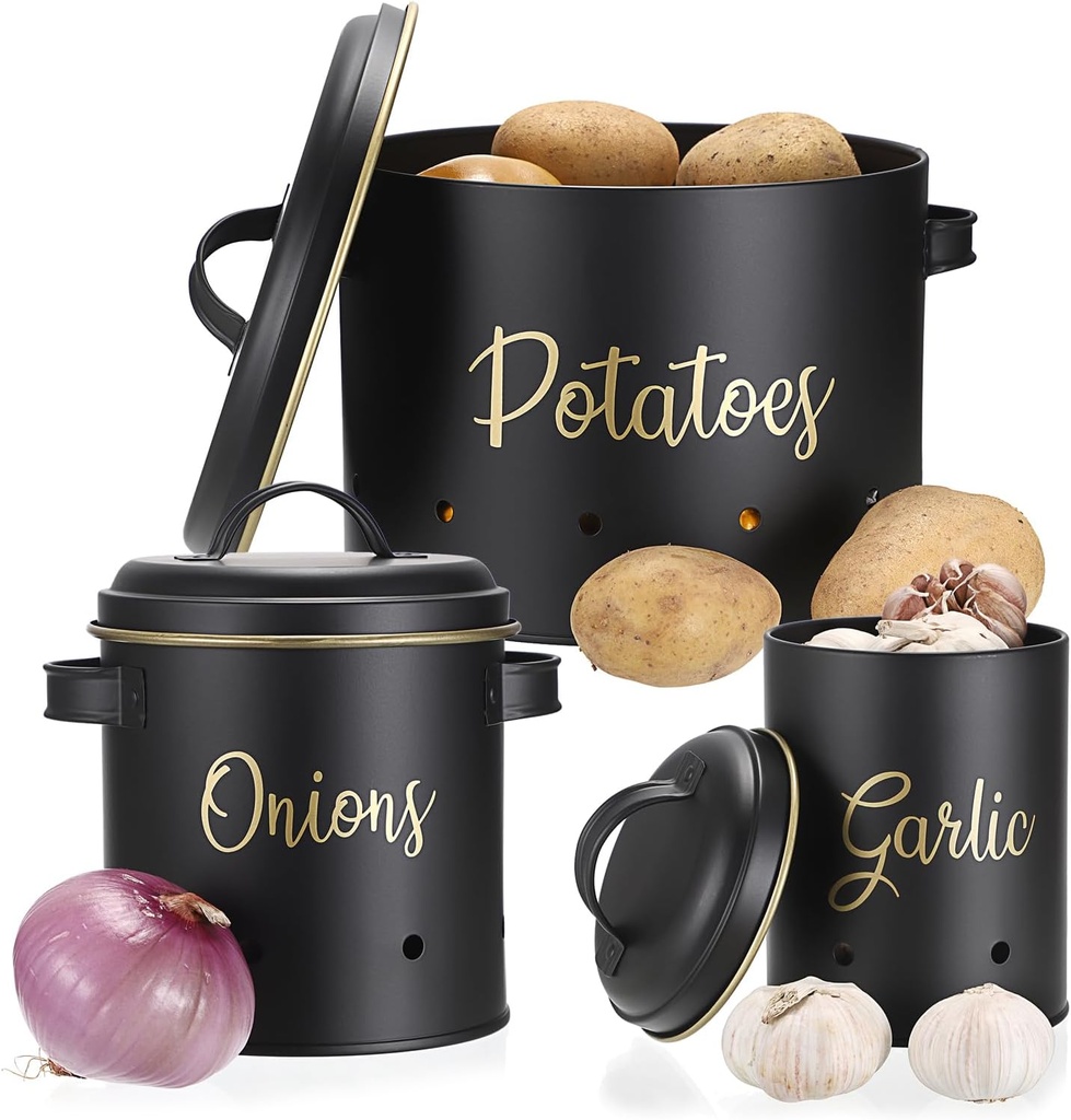 OwnMy Set of 3 Potato Onion Garlic Storage Bins Vegetable Containers Food Containers for Kitchen Counter, Potato Onion Storage Containers for Pantry Garlic Storage Jars Vegetable Canisters Set, Black