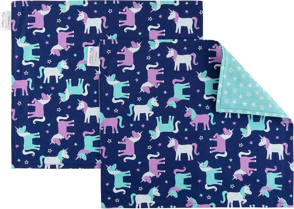 Funkins Reusable Cloth Placemats for Kids & Lunch Boxes | Reusable, Eco-Friendly | 15"x13", 2-ply, Thick, Absorbent, Machine Washable | Set of 2 Placemats (Unicorns)