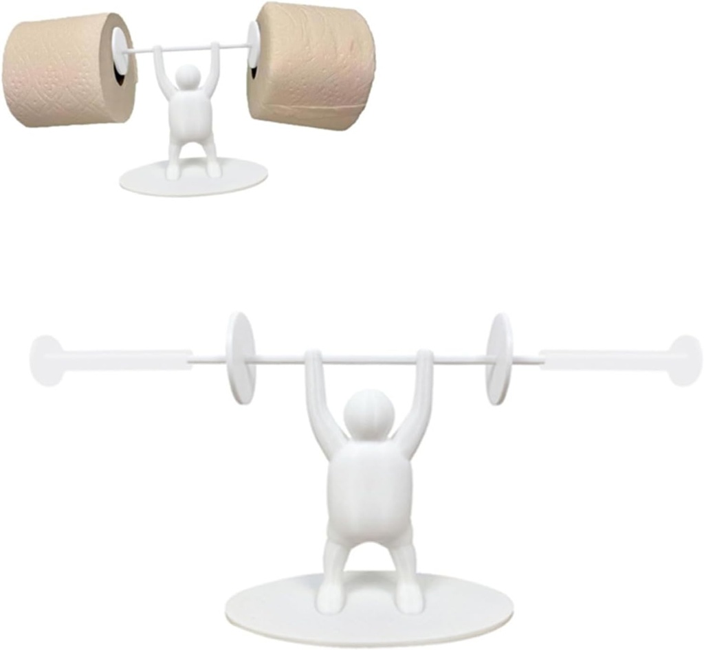 Funny Weightlifter Toilet Paper Holder - 3D Printed Unique Design, Stand with Barbell, Holds 2 Rolls of Paper, Fun Bathroom & Kitchen Decor for Fitness Enthusiasts, Novelty Restroom Gift Idea (White)