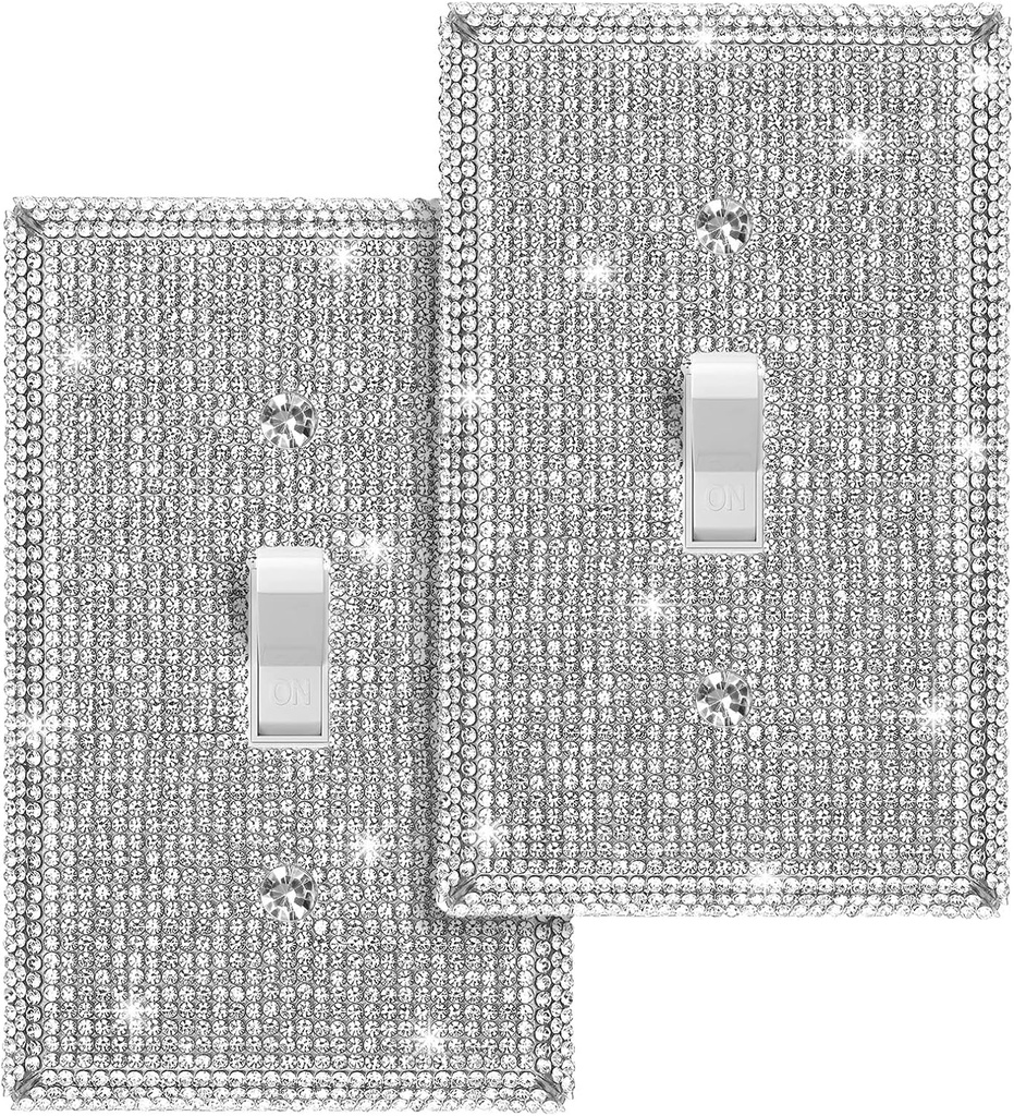 Jutom 2 Pcs Bling Light Switch Cover 4.5 x 2.75 Inch Shiny Rhinestones Bathroom Accessory Wall Plate Cover Sparkly Plug Plates for Switch Receptacle Decoration, Single Toggle (Silver)
