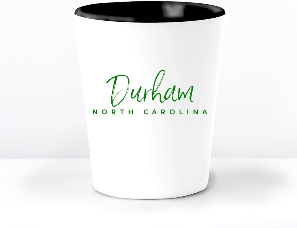 Durham NC Ceramic 1.5 Ounce Souvenir Shot Glass - White With Black Interior - Bachelor & Bachelorette Party Favors - Bridesmaid & Groomsmen Present - North Carolina Home Town Decoration