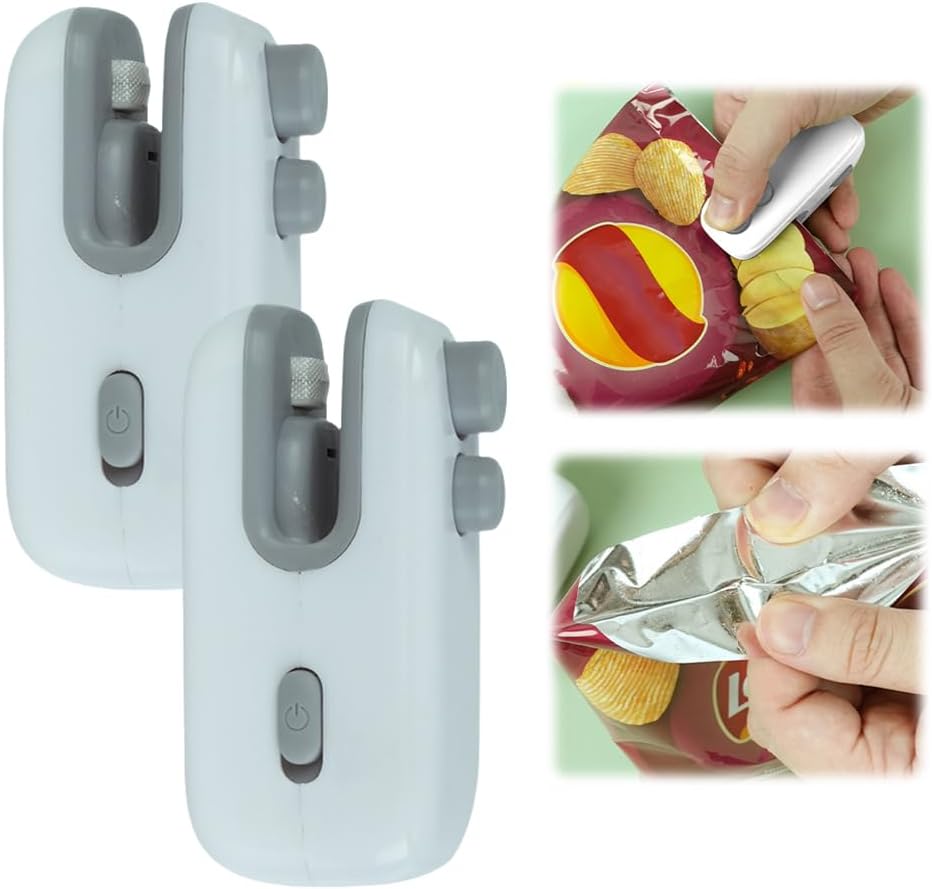 Mini Bag Sealer, Upgraded 2 in 1 USB Rechargeable Bag Sealer Heat Seal Tool, Portable Vacuum Sealer, Mini Sealing Machine Heat Seal Tool, Snack Sealer Household Mini Sealing Machine (White-2pcs)