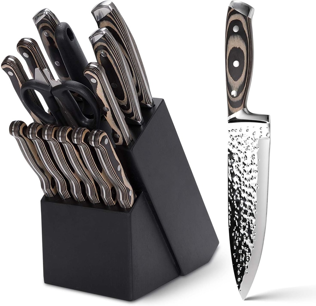 Kitchen Knife Set,15-Piece Knife Set With Block Wooden,Self Sharpening For Chef Knife Set,High Carbon Japan Stainless Steel Hammered Collection Knife Block Set with Steak Knives (Gray)
