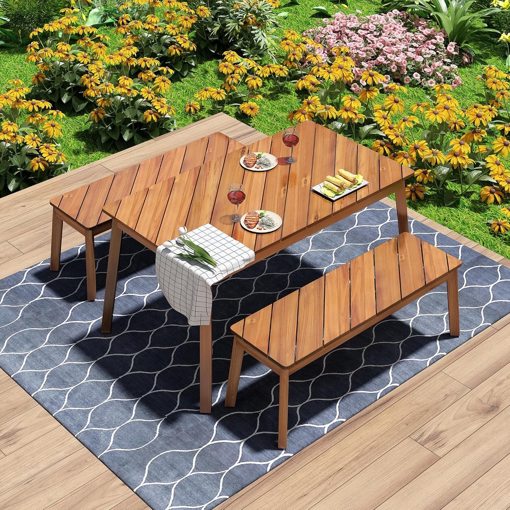 3 Pieces Outdoor Dining Table Set,Acacia Wood Table with 2 Bench, Outdoor & Indoor Furniture Set,Picnic Beer Table for Patio, Porch, Garden,Poolside,Natural