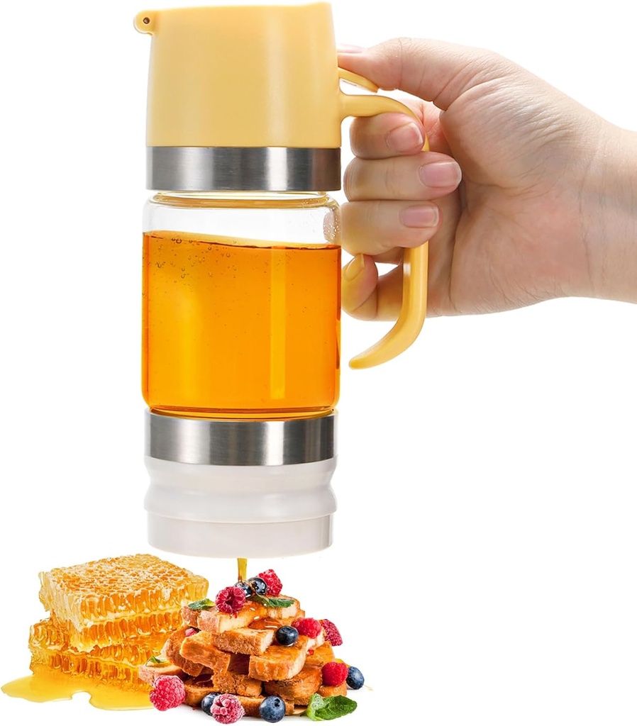 Glass Honey Dispenser Pot, 9 Oz No Drip Honey Jar, Honey Container with Handle and Lid, Maple Syrup Dispenser with Base, Clear Honey Squeeze Bottle for Bread Tea Coffee Yogurt, Easy to Use