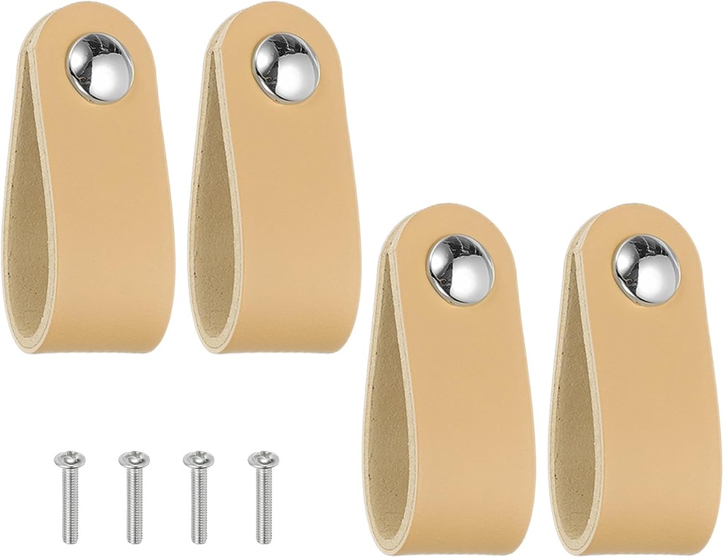 PATIKIL Leather Drawer Pulls, 4 Pcs Leather Handle Single Hole Cabinet Dresser Knobs with Screws for Bathroom Kitchen Dresser Cupboard Door, Beige