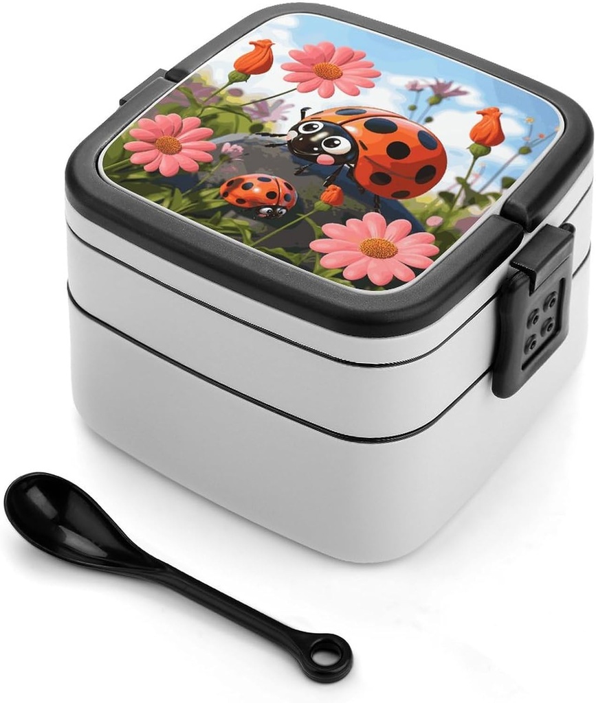 Cartoon Ladybug Flower Bento Box with Compartments Double Layer Bento Lunch Box with Spoon And Handle All-in-One Adult Lunchbox Leakproof Lunch Container for Work Picnic Travel