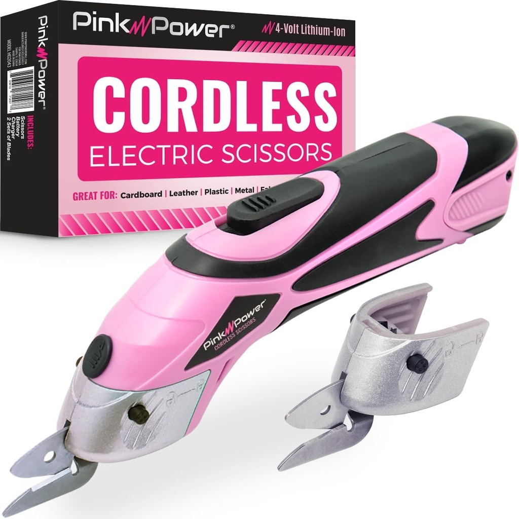 Pink Power Cordless Electric Scissors Fabric Cutter for Crafts, Box, Sewing, Carpet, & Scrapbooking - Heavy Duty Professional Rotary Shears Cutting Tool - Automatic Cardboard Cutter Fabric Scissor