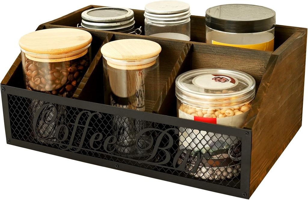 Coffee Station Organizer for Counter, Wood Station for Countertop, Farmhouse Pod Syrup Holder, Basket Rustic with Iron Mesh for Bar Decor, Coffee Cup Pod Holder Condiment Organizer