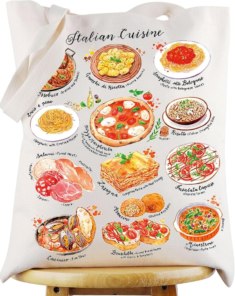 WZMPA Funny Italian Cuisine Tote Bag Italian Travel Gift Italian Vacation Reusable Grocery Bag Italian Trip Merch