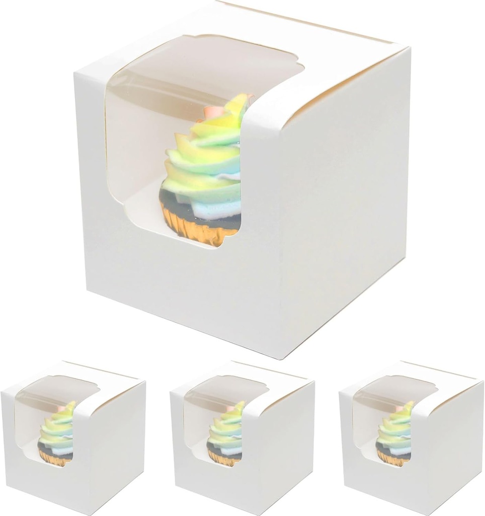 qiqee Auto-pop up Cupcake Boxes 100-Packs Individual Cupcake Container White 3.5" x 3.5" x 3.5" Single Cupcake Boxes