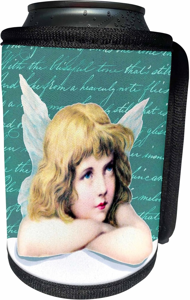 Can Cooler Bottle Wrap - Little blonde angel girl on cloud Vintage Cupid on turquoise teal blue Victorian Cute stylish cupid Angels and Cherubs