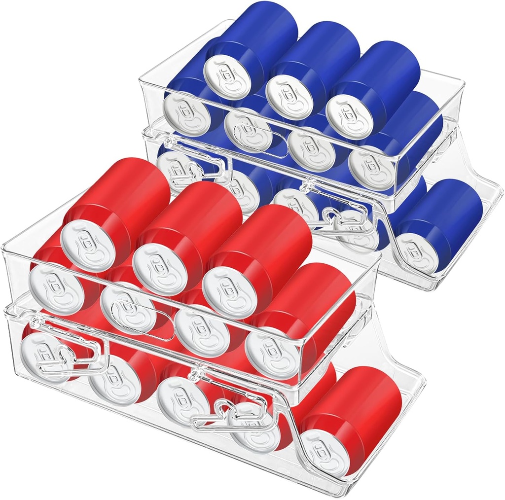2 PCS Soda Can Organizer for Refrigerator & Pantry, Double Space Saving Auto-Rolling Stacking Can Dispenser, Fits Skinny/Standard/Tall Cans, Clear Fridge Can Holder Storage for Kitchen, Office