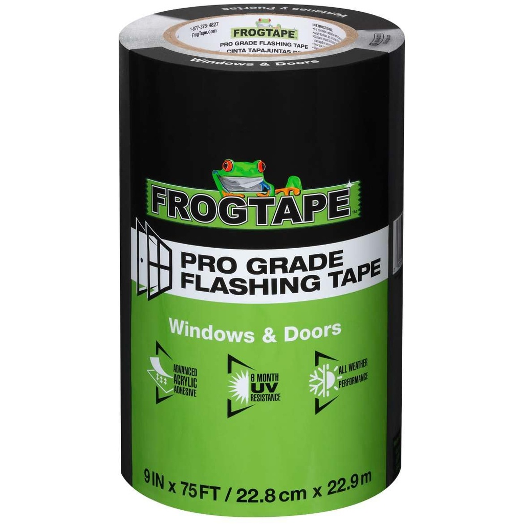 FrogTape Pro Grade Flashing Tape for Windows & Doors, 9 Inch Width - 75 Foot Roll, All Weather & UV Resistant Flashing Tape with Advanced Acrylic Adhesive - 10 mils - Black