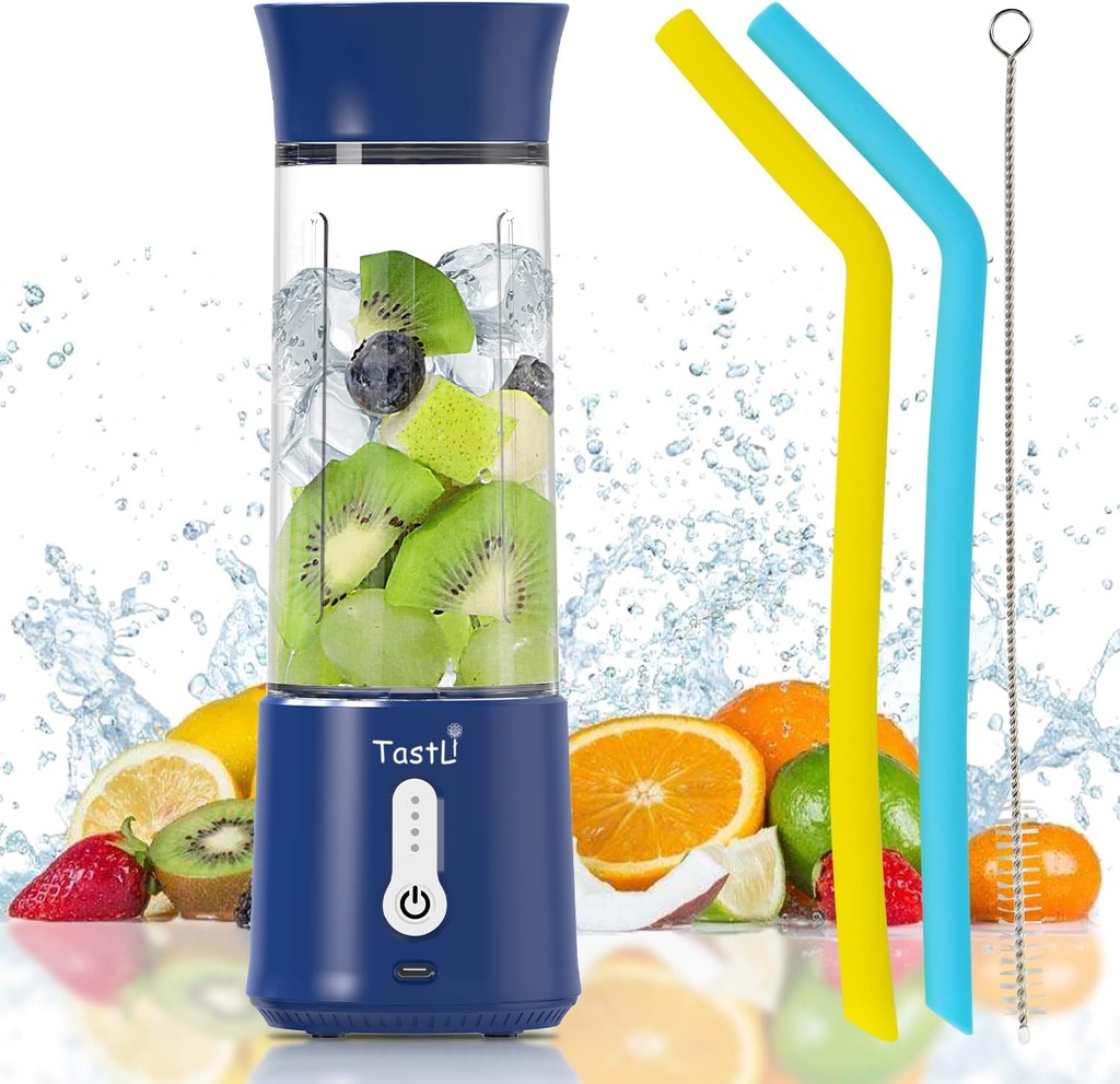 Portable blender Cup, TastLi Personal Smoothie Blender for Shakes and Smoothies, with 17 oz Blender Bottles, Cordless, USB Rechargeable, Waterproof, Small Mini Electric Fruit Juicer (Dark blue)