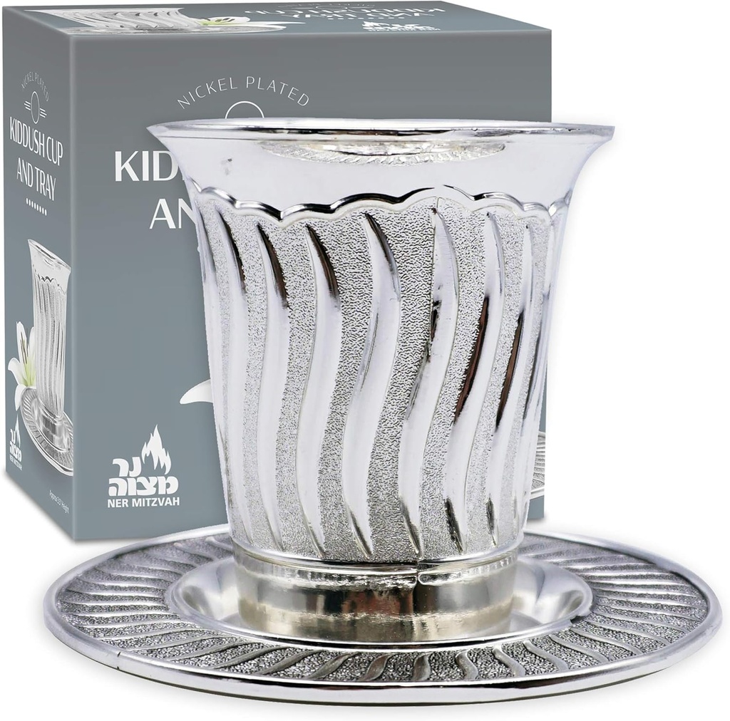 Ner Mitzvah Kiddush Cup and Tray - Premium Quality Nickel Plated Wine Cup- For Shabbat and Havdalah - Judaica Shabbos and Holiday Gift - Modern Design