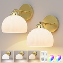 HURYEE Vintage Battery Operated Wall Sconce, Wireless Gold Glass Sconces with Remote Control, RGB Dimmable Wall Light for Bedroom Living Room Bathroom