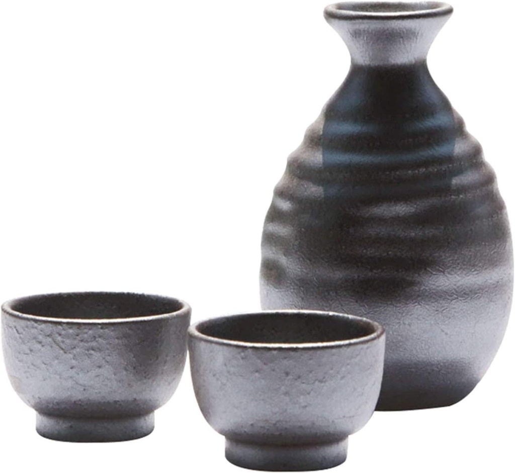 Sake Set, 3 Piece Handmade Ceramic Sake Tool, Sake Bottle and 2 Cups, Ideal for Japanese Sake
