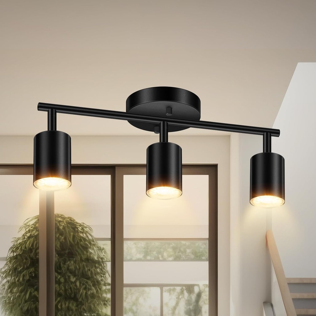 LED Track Lighting Fixtures Ceiling, Black 3-Light Track Lights for Kitchen, 3 Way Ceiling Spotlight, Flexibly Rotatable Wall Mount Light Head for Bedroom Hallway, Bulb Not Included