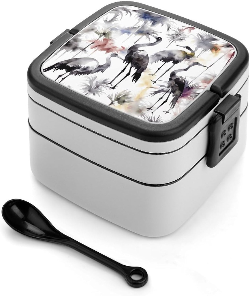 Black And White Crane Pattern Bento Box for Adults Double Layer Lunch Box with Spoon And Invisible Handle Microwave Dishwasher Safe Leak Proof Meal Prep Lunch Containers for Office Picnic