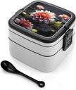 Stackable Double-Layer Bento Box Flower Adults Lunchbox With Spoon Cute Japanese Bento Box Dishwasher Safe for Work Travel Dining Outc