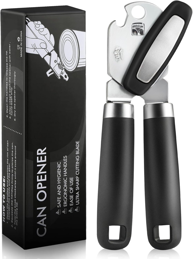 Multifunctional Can Opener Manual, Durable Heavy Duty Handheld Strong Can Opener with Smooth Cutting Edge, Friendly Kitchen Essentials Tool for Seniors, Camping and Bottle Opening-Black