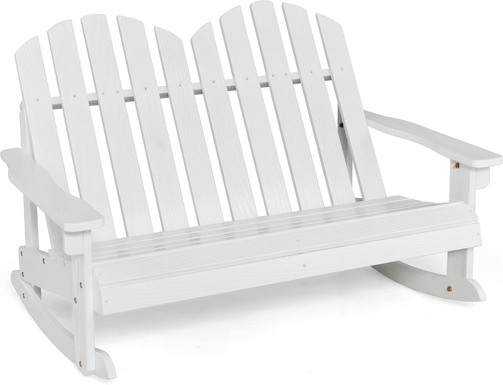 Giantex 2-Person Adirondack Rocking Chair - Kids Outdoor Rocking Bench with Slatted Seat, High Backrest, 220LBS Weight Capacity, Patio Rocker for Balcony, Yard, Poolside (1, White)