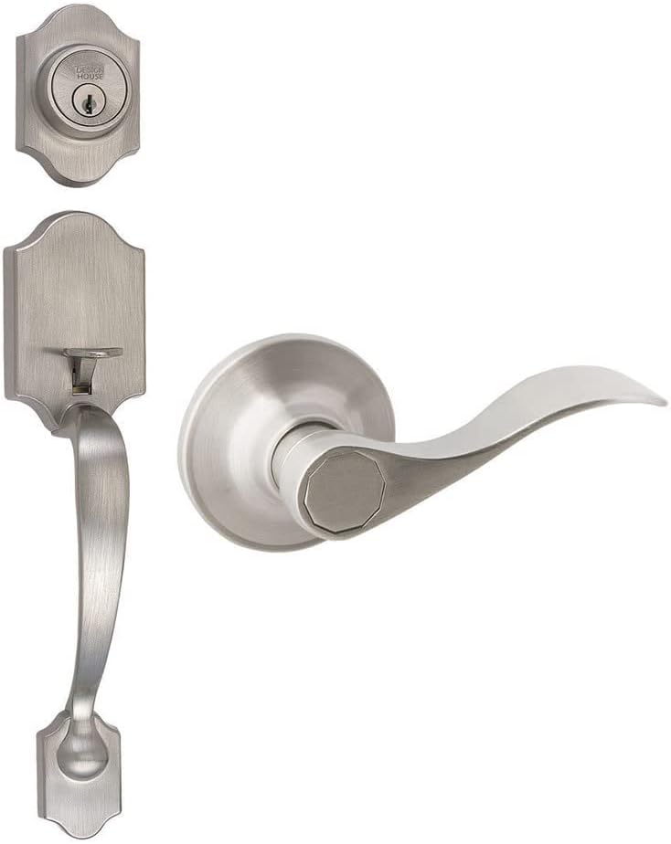 Design House 753897 Sussex Handleset with Springdale Lever Interior and Single Cylinder Deadbolt Satin Nickel
