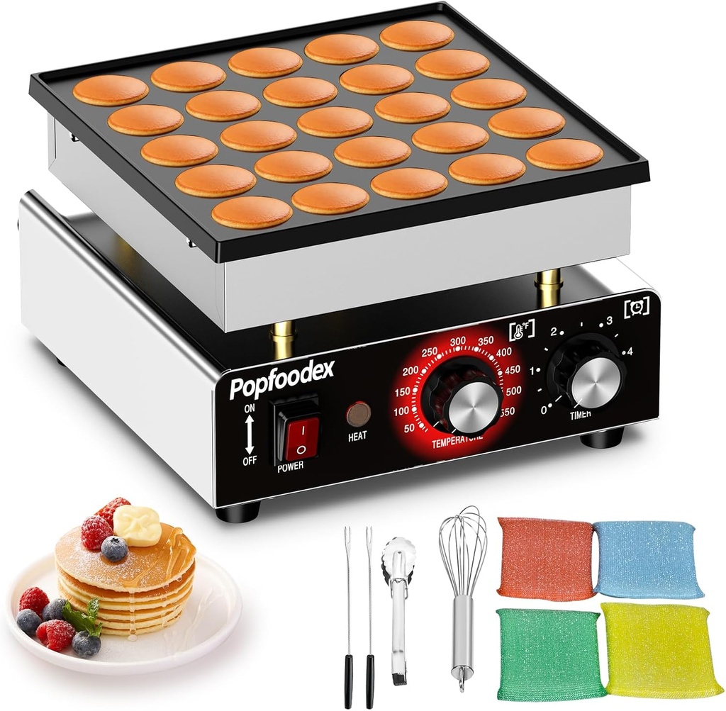Mini Pancake Maker - 25Pcs Mini Pancake Griddle w/Non-stick and Adjustable Temp, 110V Electric Dutch Pancake Maker w/ 1.8 Inches Poffertjes, Hot Cakes Machine for Home Kitchen Restaurant