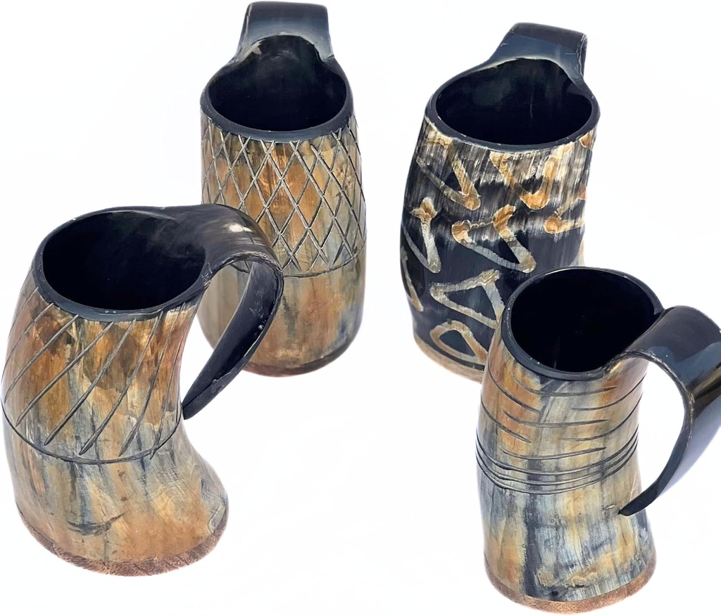 Viking Drinking Horn Mug Set of 4 – Handmade Norse Ale & Mead Tankards | Medieval Beer Cups for Party Barware, Rustic Home Decor