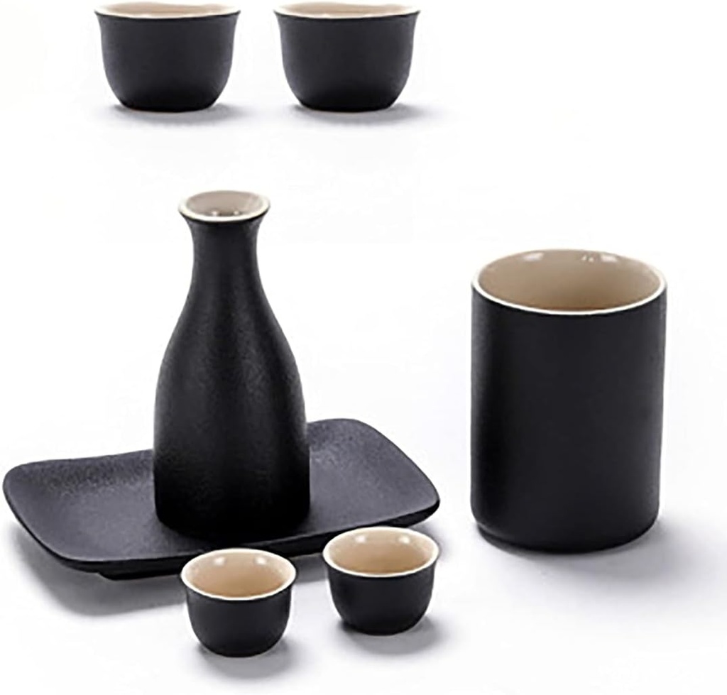 Ceramic Wine Warmer Tray Include 1 Sake Bottle 1 Warmer Pot 4 Cups for Hot Or Cold Sake 7-Piece Ceramic Japanese Sake Set Ceramic Sake Mug (Color : Black Size : Free Size)
