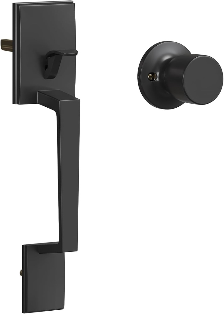 HOSOM Front Door Handle Exterior Door Handle Set with Knob, Black Front Door Handle No Lock, Front Door Entry Handleset with Reversible Lever Front Door knob for Right & Left-Handed Doors
