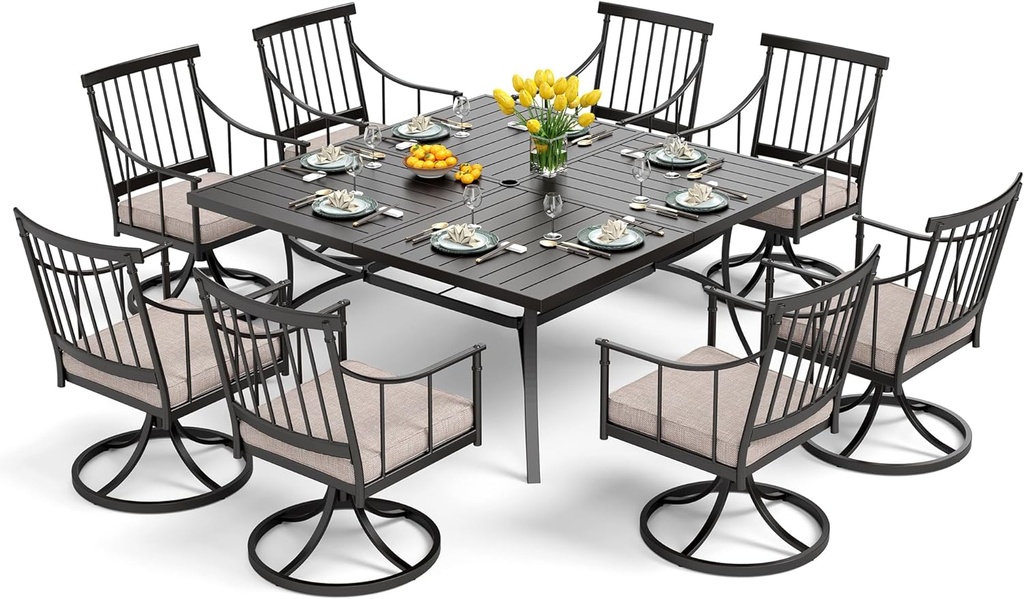 PHI VILLA 9 Pieces Outdoor Dining Table Set for 8, 60” Square Wrought Iron Table & Heavy-Duty Steel Swivel Chairs with Cushions, Large Dining Furniture Set for Patio, Deck, Yard, Porch