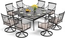 PHI VILLA 9 Pieces Outdoor Dining Table Set for 8, 60” Square Wrought Iron Table & Heavy-Duty Steel Swivel Chairs with Cushions, Large Dining Furniture Set for Patio, Deck, Yard, Porch