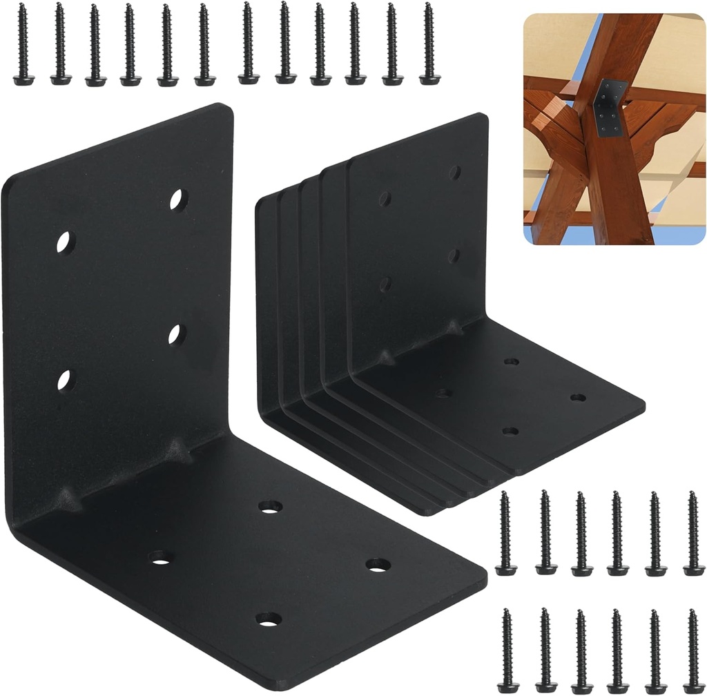 6-Pack 4"x4"x3-1/8 Heavy Duty Steel Corner Bracket, L Right Angle Bracket, Thickness 0.11"(3mm), Metal Corner Brace for Metal Joint Timber Connector Shelves Wood Furniture Support, with 48 Screws